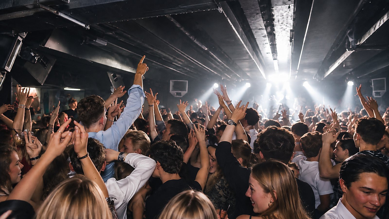 Abiparty in Hamburg, volle Tanzfläche mit erhobenen Händen im Bühnenlicht