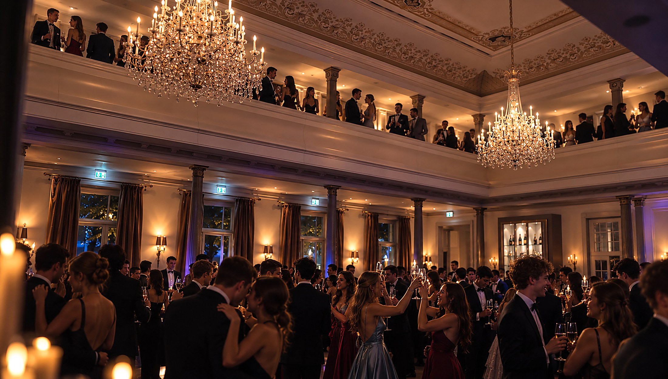 Abiball in Hamburg, Gäste auf der Galerie und auf der Tanzfläche unter Kronleuchtern