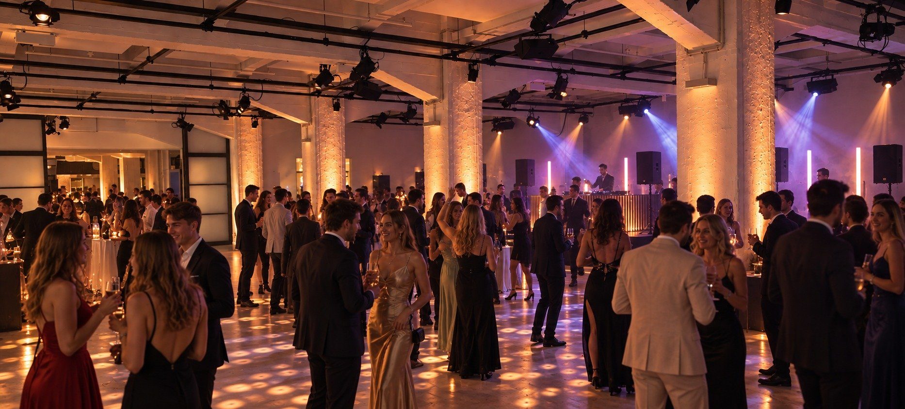Volle Tanzfläche beim Abiball im Altonaer Kaispeicher in violettem Licht