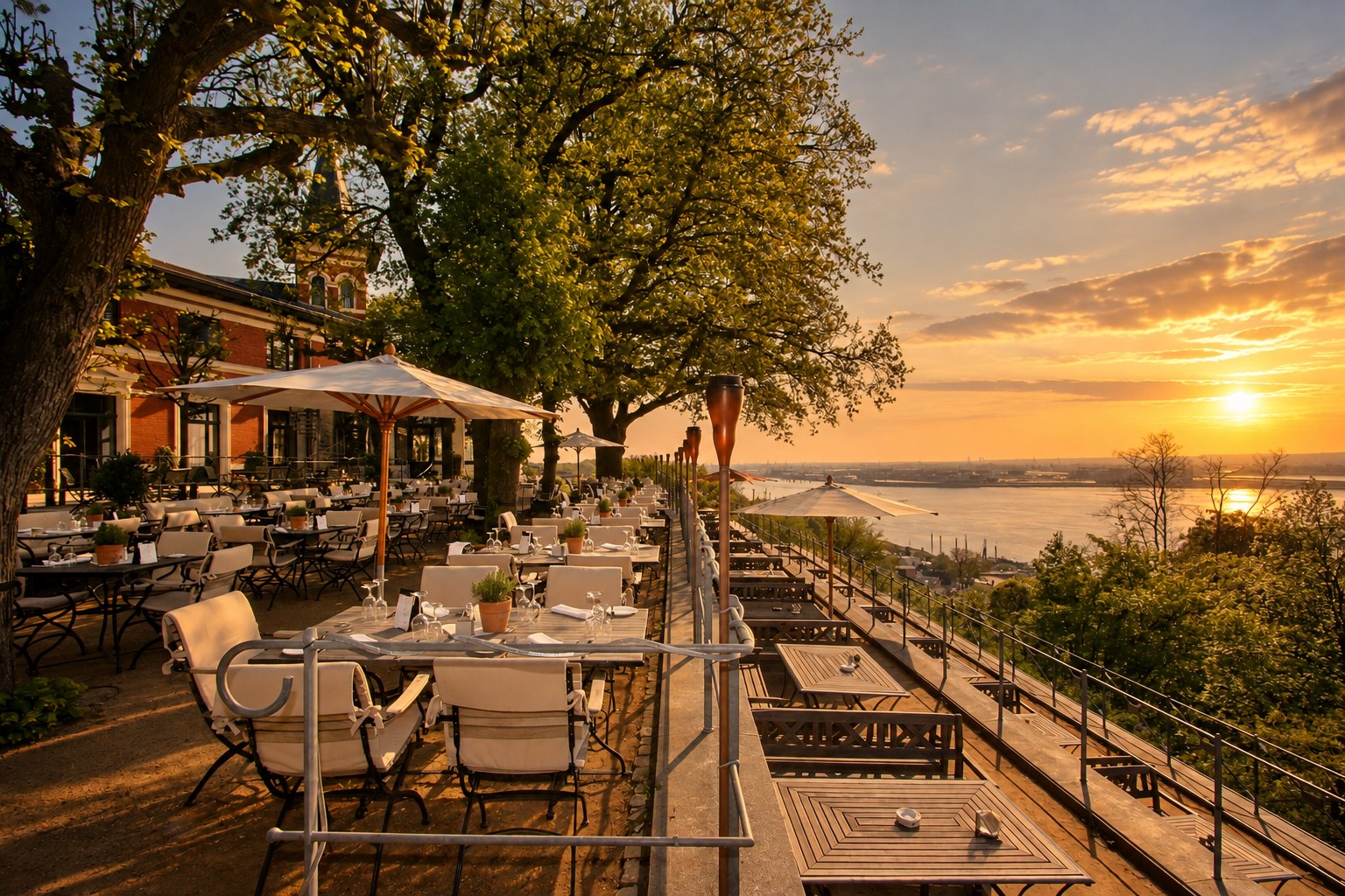 Terrasse des Süllbergs mit gedeckten Tischen und Blick über die Elbe im Sonnenuntergang