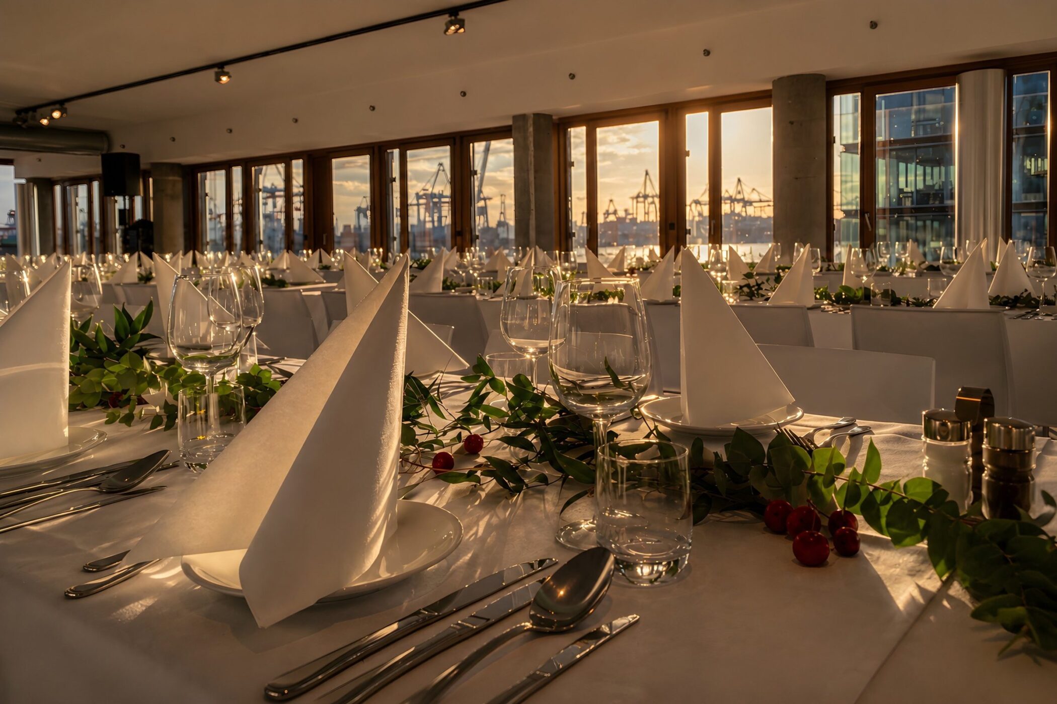 Lange gedeckte Tafel im View Eleven mit Blick durch die Fensterfront auf die Elbe