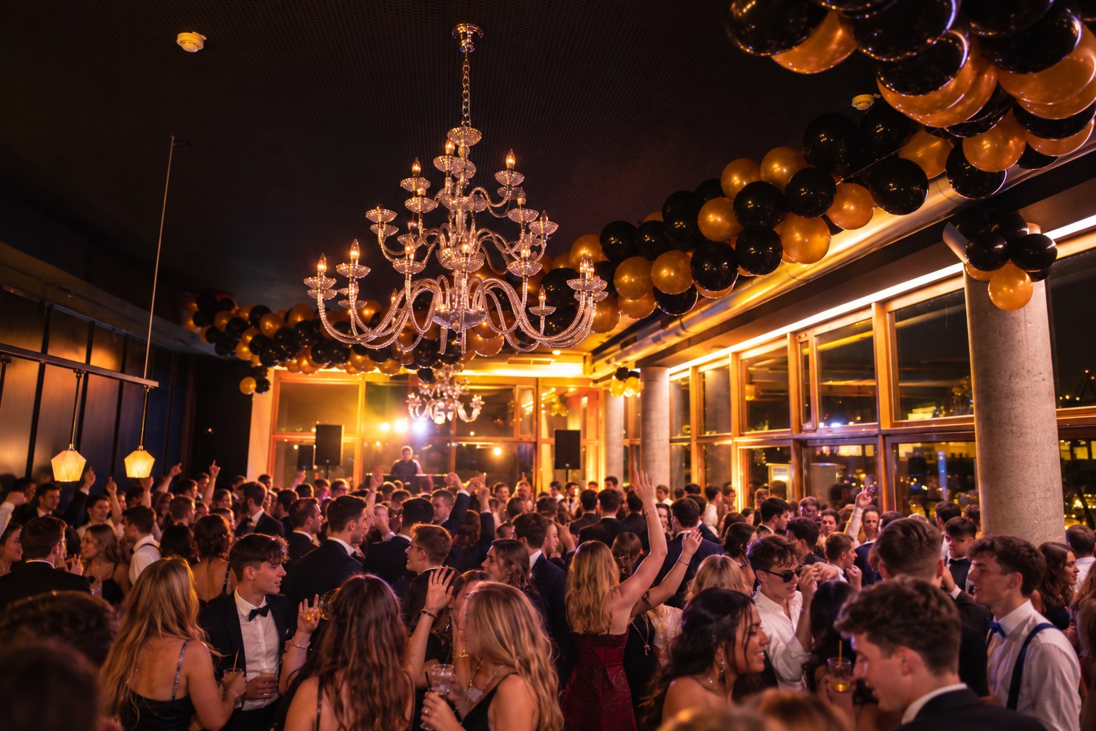 Tanzende Gäste beim Abiball im View Eleven unter Kronleuchter und Lichterketten