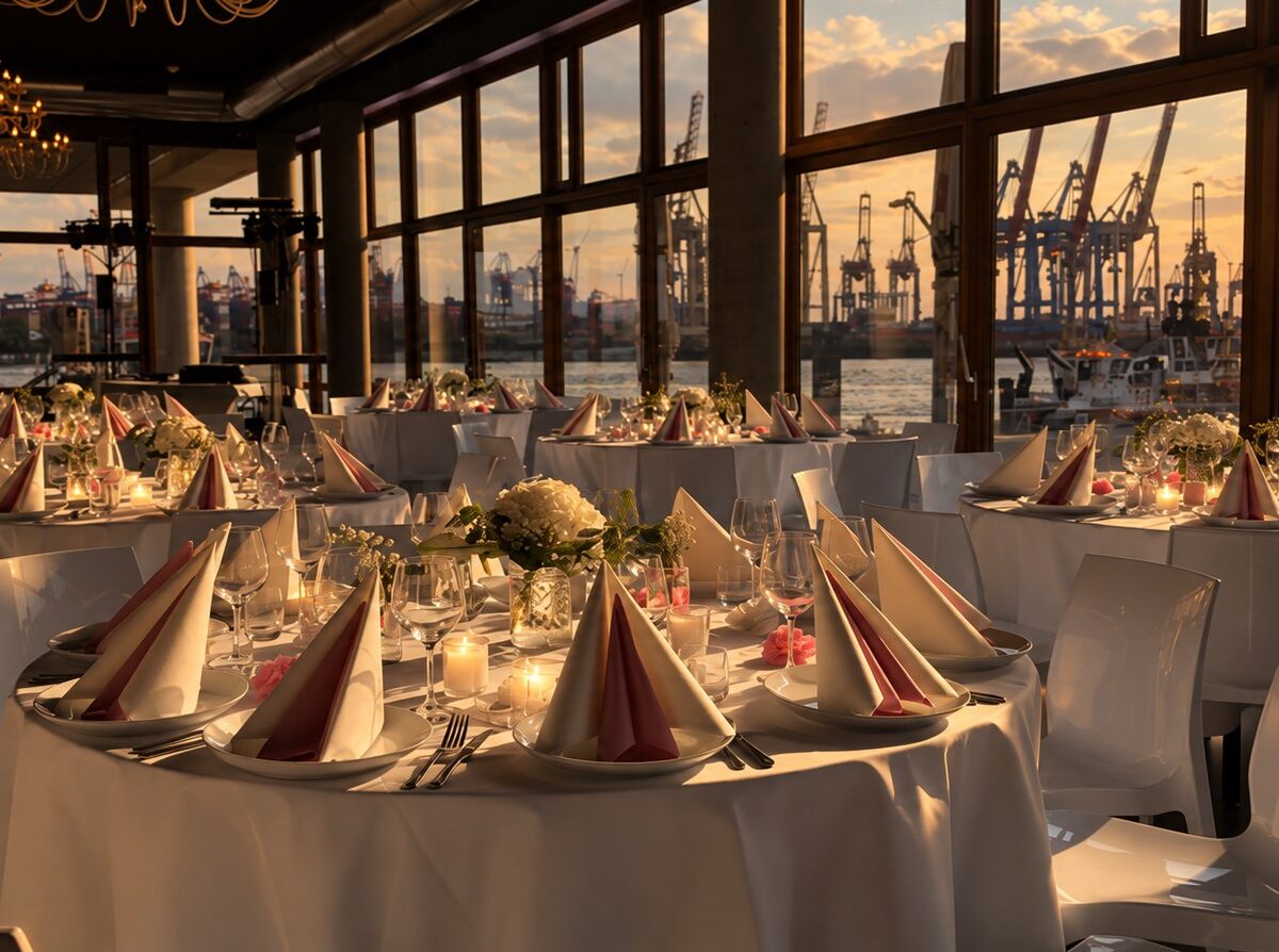 Saal im View Eleven in Hamburg-Altona mit gedeckten Tischen und Blick auf den Hafen
