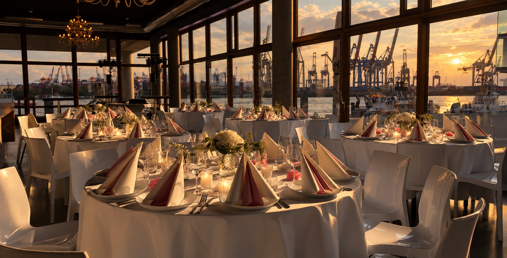 Saal im View Eleven in Hamburg-Altona mit gedeckten Tischen und Blick auf den Hafen
